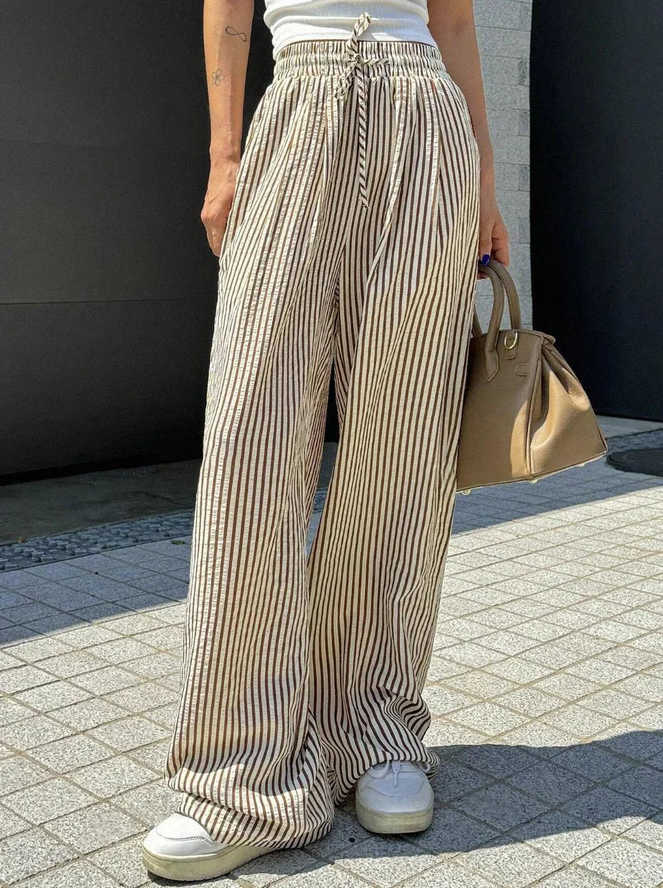 Womens Striped Print Drawstring Waist Wide Leg Pants - Zandorue