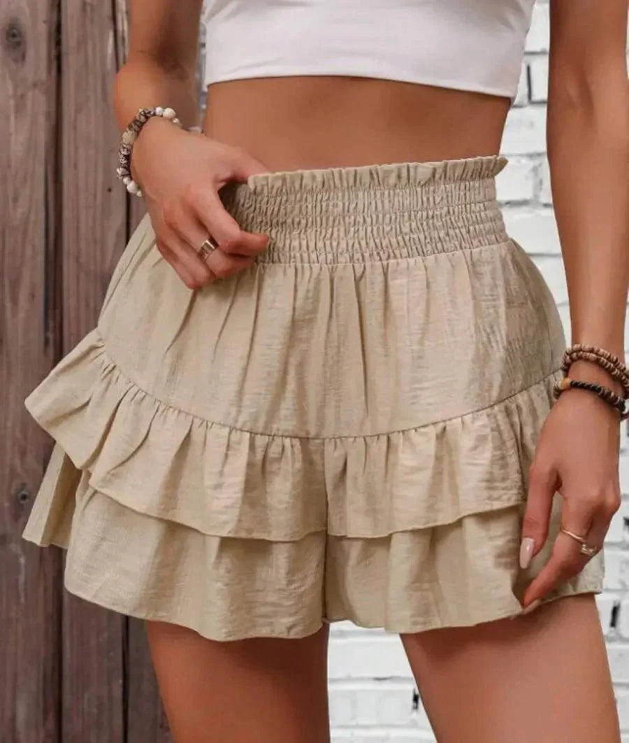 Ruffle Layered Shorts - Elastic Waist, Mid - Rise Fit - Zandorue