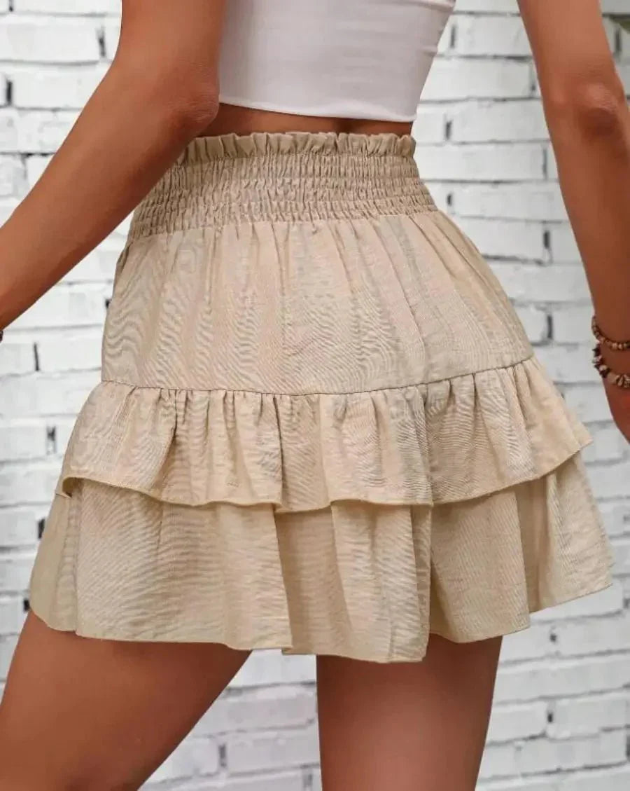 Ruffle Layered Shorts - Elastic Waist, Mid - Rise Fit - Zandorue