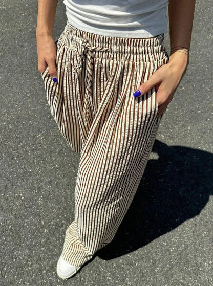 Womens Striped Print Drawstring Waist Wide Leg Pants - Zandorue