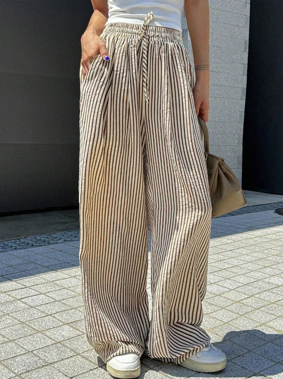 Womens Striped Print Drawstring Waist Wide Leg Pants - Zandorue